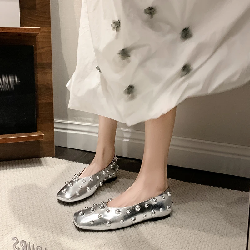 Women’s Genuine Leather Square Toe Studded Flats Soft Sole Ballet Style Mary Jane Shoes