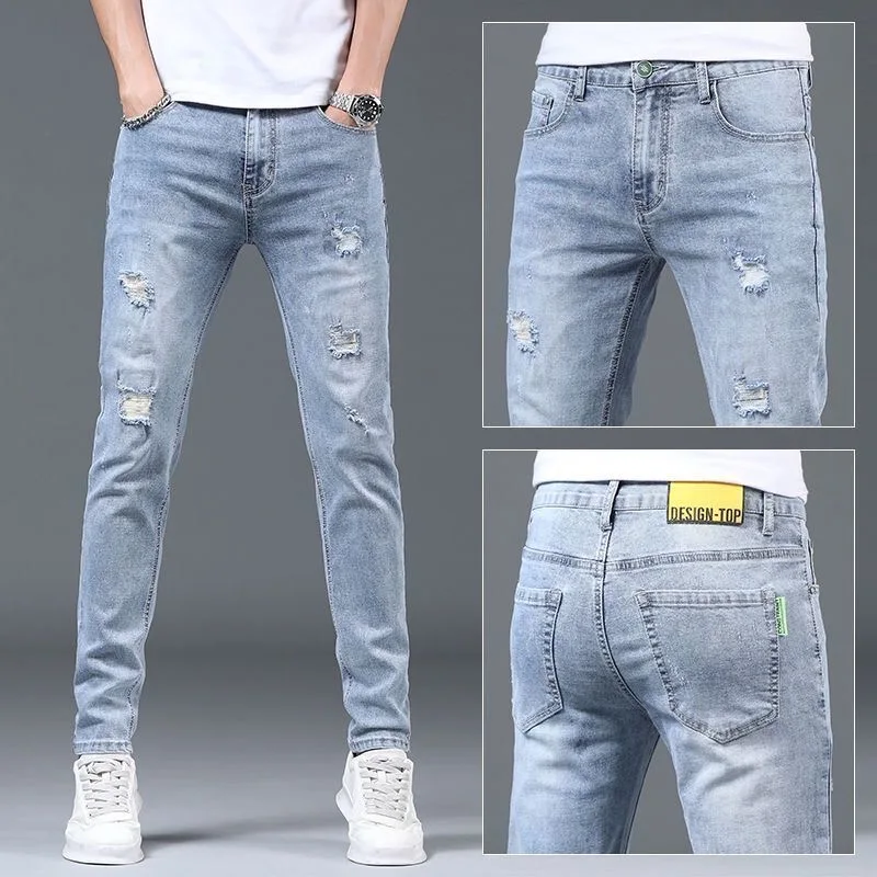 

2023 Spring and Autumn new Fashion Solid Color Ripped Jeans Men's Casual Slim Comfortable Large Size High-Quality Trousers 28-36