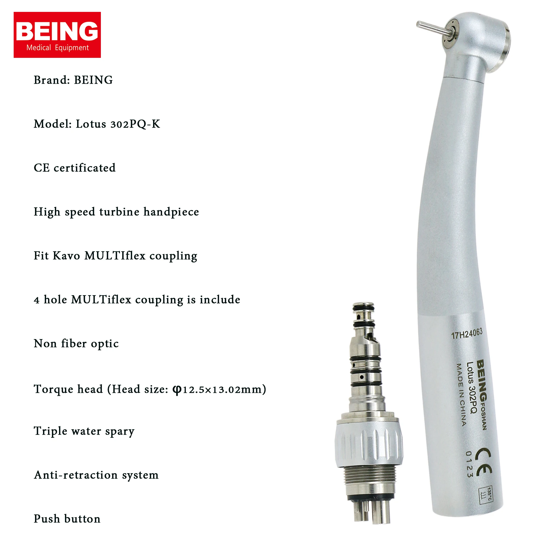 BEING Dental High Speed Turbine Handpiece Big Head Coupler MULTIflex Push Button For Fit Kavo