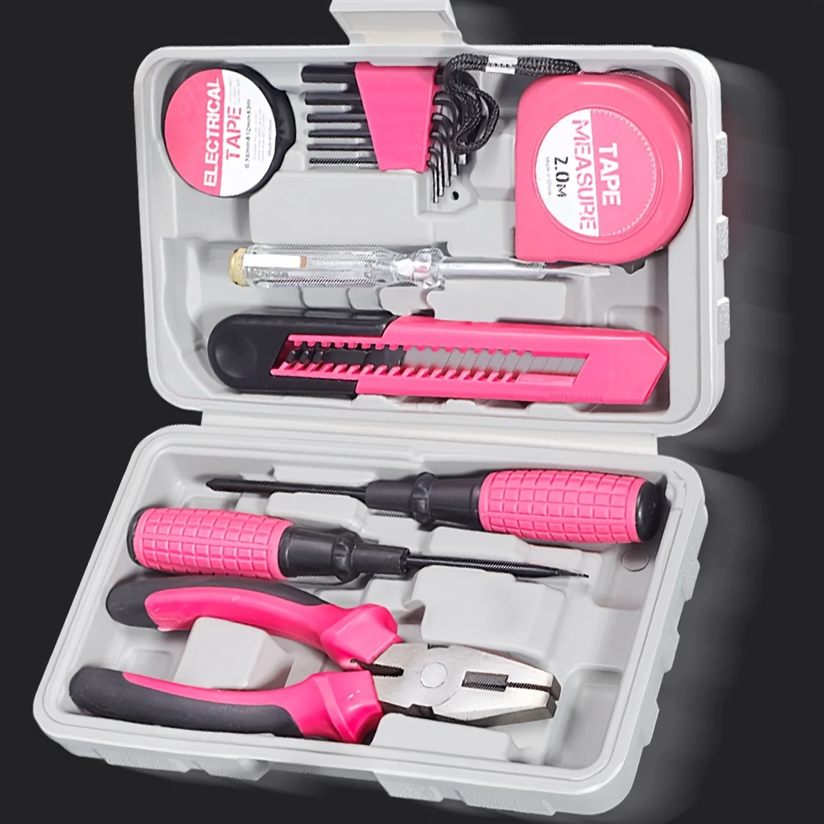 13pcs Pink Household DIY Tool Set for Women. Home, Office and College Dorm Small Tool Kit of Starter Basic Ladies Tools