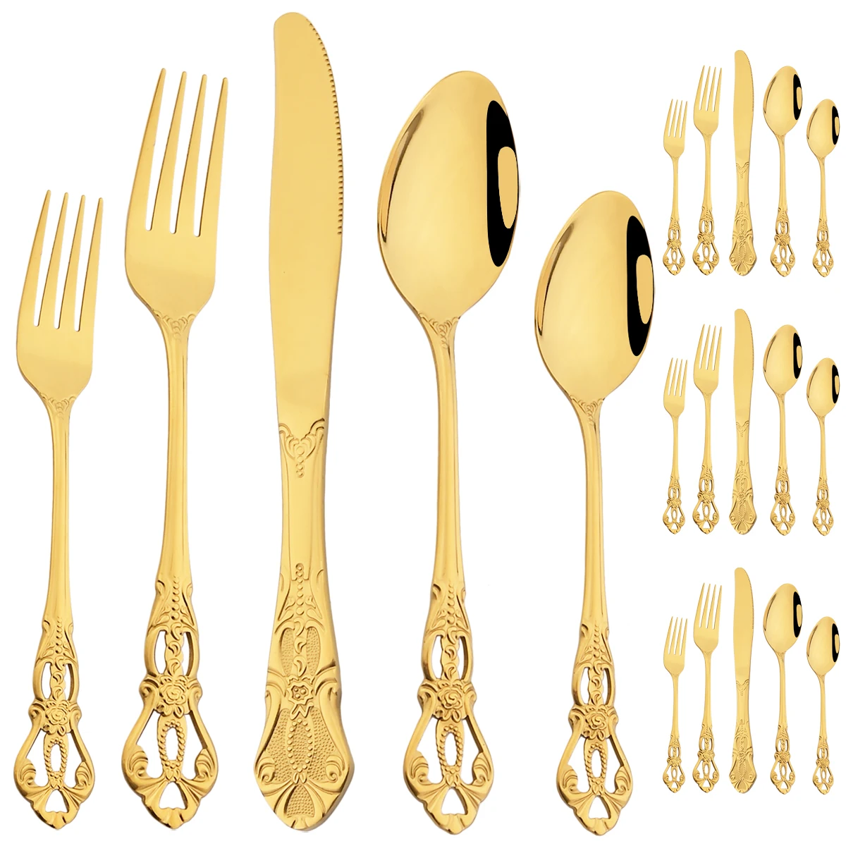 

20pcs Gold Court Retro Stainless Steel Cutlery Set Knife Fork Dessert Spoon Cutlery Set For Kitchen Dining Household Tableware