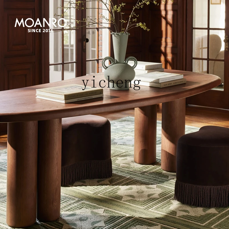 

TQH solid wood dining table French medieval wabi sabi home simple oval desk home accessories