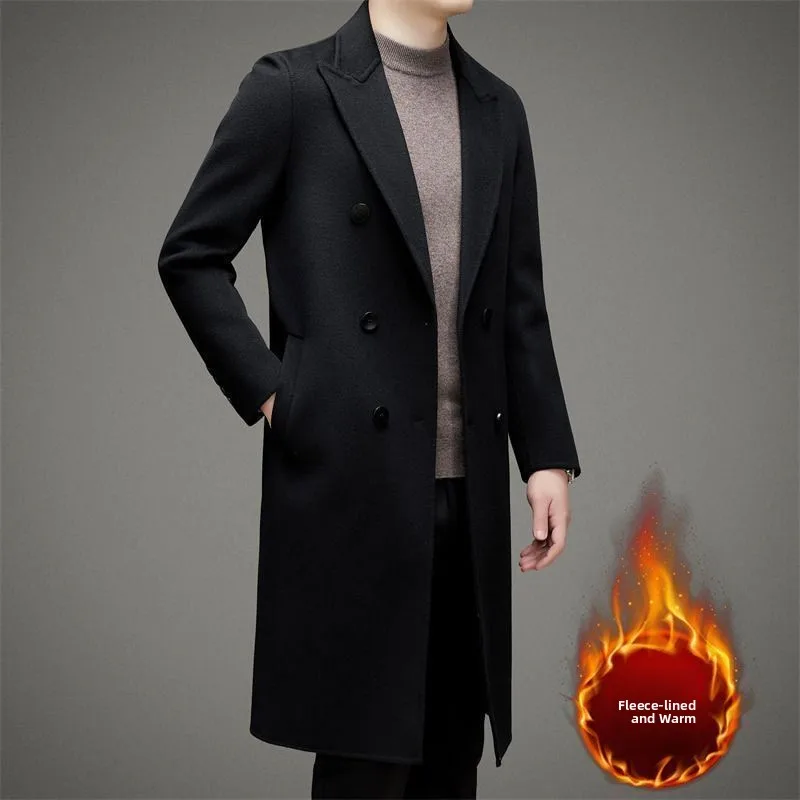 

New Men's Woolen Coat Windbreaker Autumn Winter Fce Lined Warm Medium Length High End Suit Collar Busin Outerwear