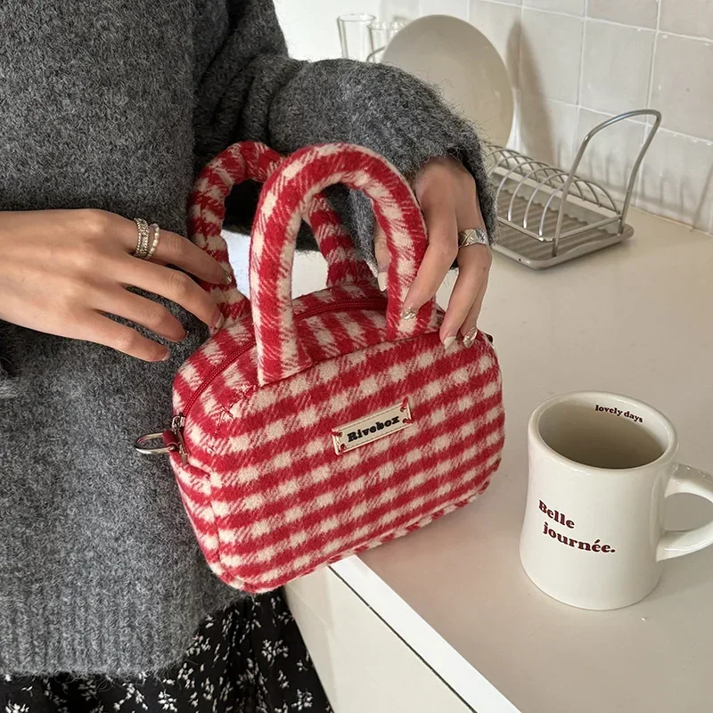 Xiuya Vintage Cute Handbag for Women Red Plaid Letter Soft Kawaii Crossbody Bag Autumn Winter New Luxury Designers Shoulder Bag