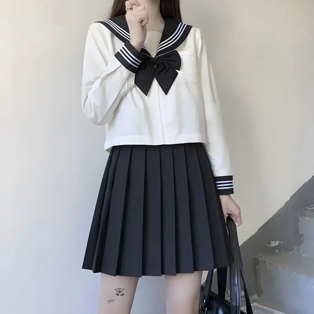 Japanese School Uniform Girls Plus Size Jk Suit Black Tie Black Three Basic Sailor Uniform Short&Long Sleeve Suit Pleated Skirt