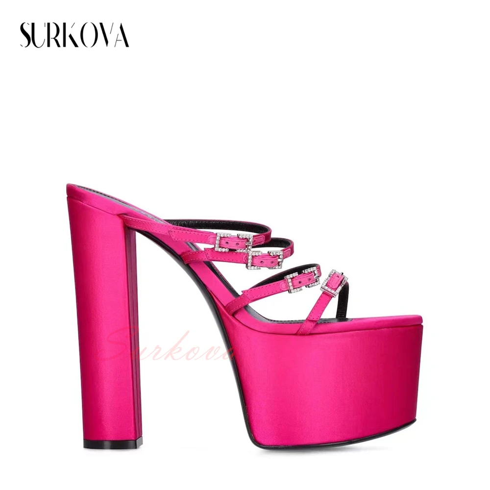 

Crystal Square Buckle Pumps Solid Color Narrow Band Combination Platform Block Heel Sandals for Women Fashion Dress Runway Shoes