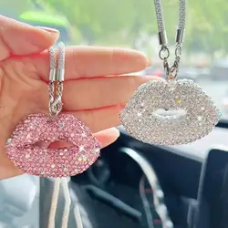 Sparkling Car Rearview Mirror Pendant Lip-Shaped Rhinestones Car Rear View Mirror Charms Hanging Interior Ornament Car Decor