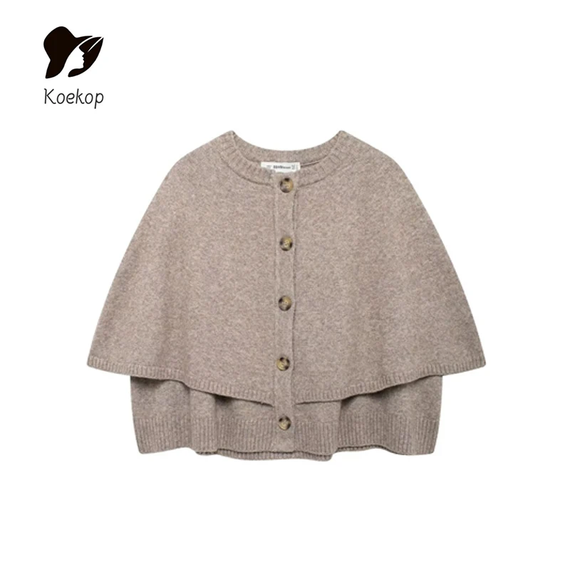 Koekop 2024 Women's Fashion Solid Color Knitted Shawl Wool Sweater Jacket Vintage Full Sleeve Women's Chic Lady Jacket