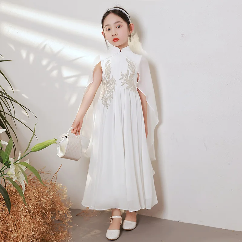 

Girls' Chinese Style Guzheng Costume Older Children, White Cheongsam for Performance and Recitation, Designed Su