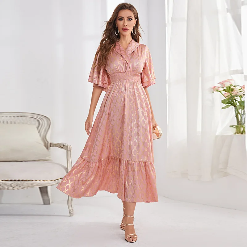 Middle East, Europe and the United States spring fashion Arab dress, lotus leaf bubble sleeves sweet wedding bridesmaid dress, n