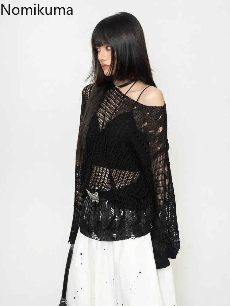 Suéter de gran tamaño para Mujer, jersey de manga larga Harajuku, suéteres de punto ahuecados, Tops Y2k, moda para Mujer