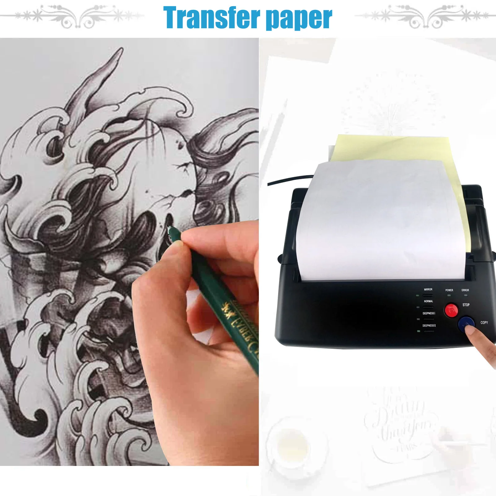 Papel de transferencia de tatuajes, máquina de transferencia de rastreo manual de 4 capas, patrón de tatuaje de doble uso, accesorios consumibles