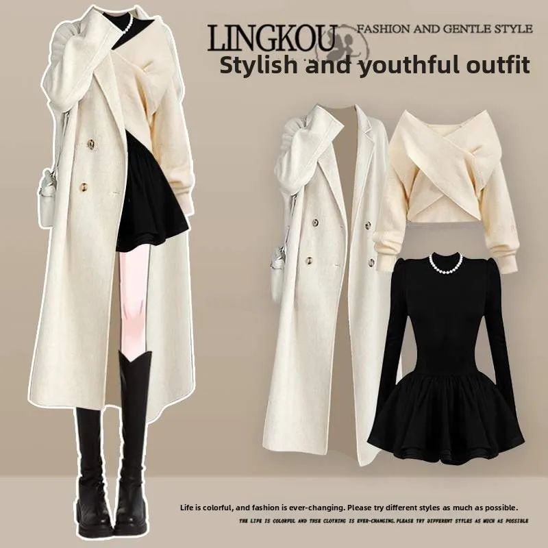 

plus Size Autumn High-End Feeling Women's Set Base Knitted irt Slim Windbreaker Coat Cover up Dr Tee Piece Set