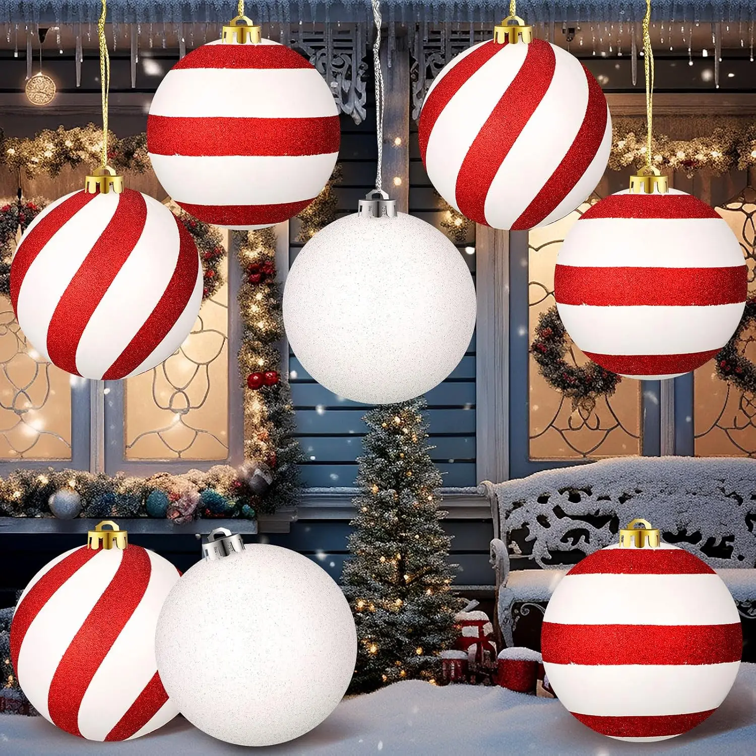 Extra Large Outdoor Christmas Ornament Set, 8 Pieces, 6-Inch Red and White Balls