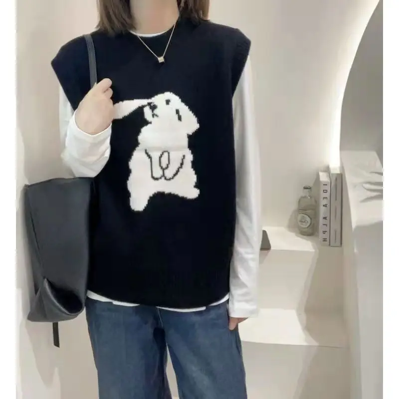 New Year Cartoon Rabbit Sleeveless Knitted Vest Women's Winter Style Pullover Sleeveless Sweater  Tank Top  knit vest