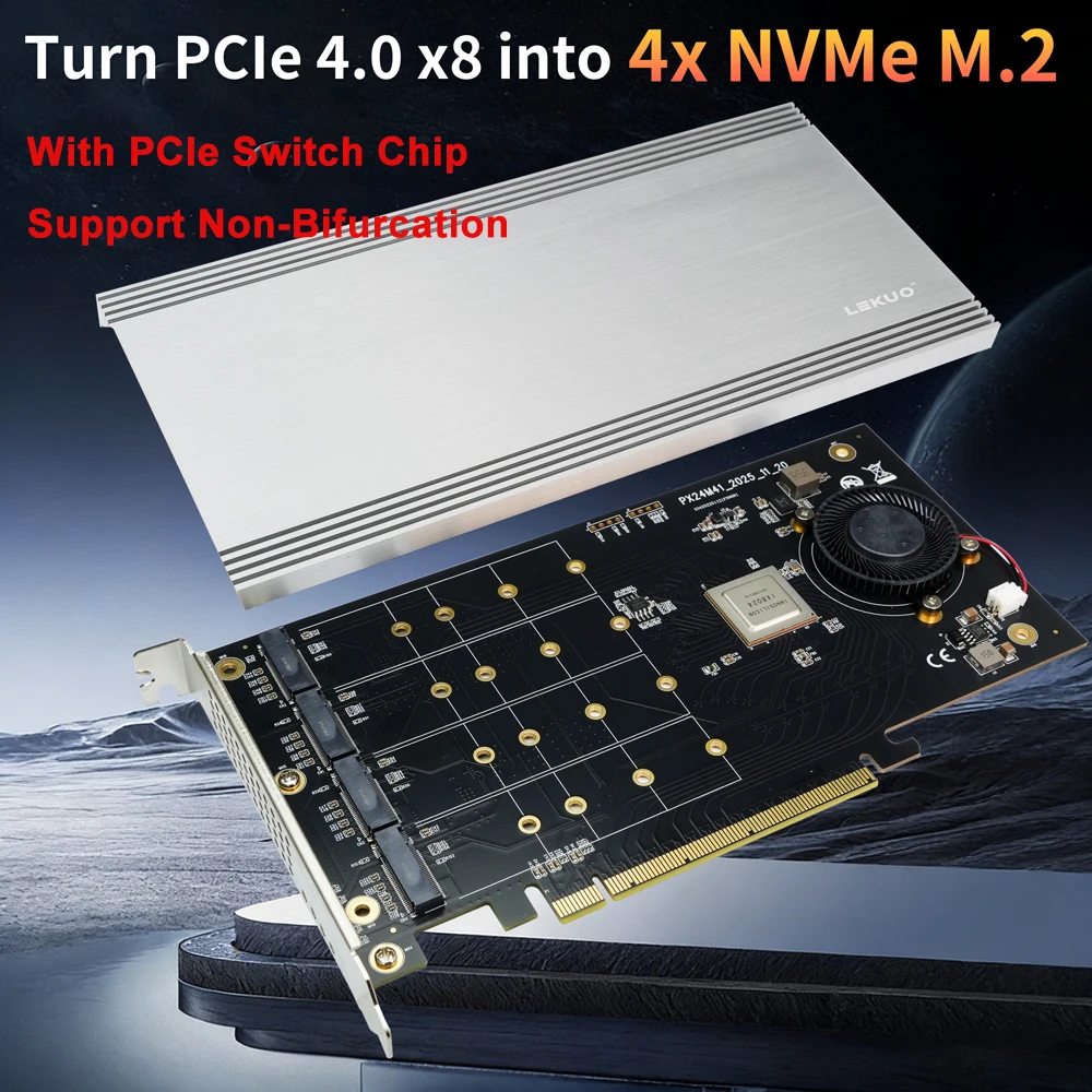 

Lekuo PCIe 4.0 x8 to 4x M.2 NVMe Expansion Card – 4 SSDs, PCIe Switch, No Bifurcation for Mac PC Workstation