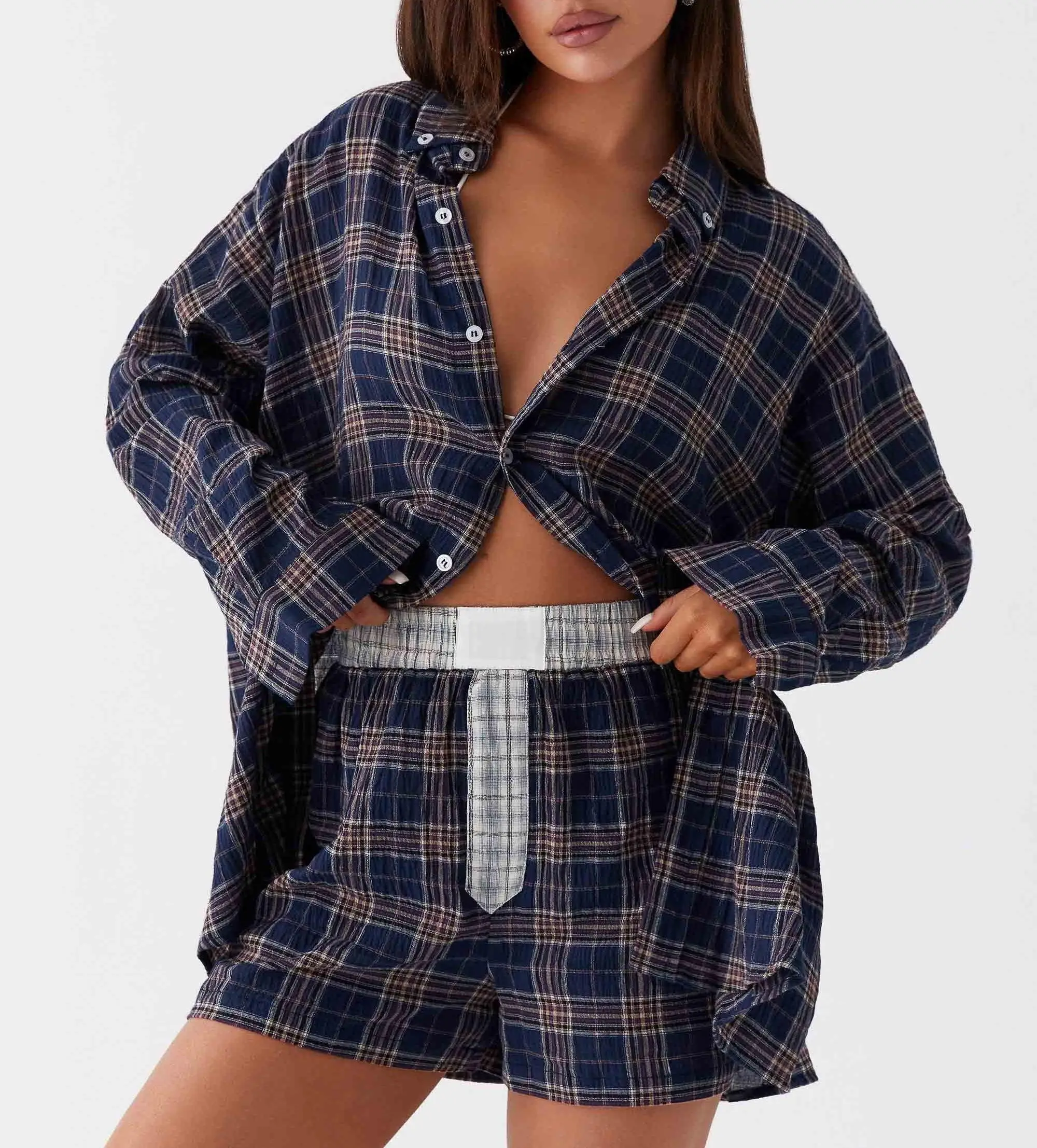 Checked Pajamas Trouser Suits Korean Style Sleepwear Long Sleeve Cardigan For Women Pyjamas Femme Home And Sleep Clothes S-XL