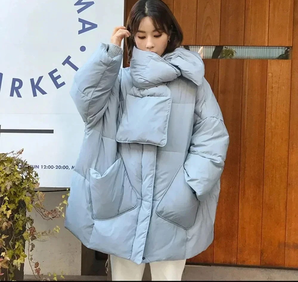 White Duck Down Coat Women Round Neck Loose Thicken Parkas Warm Outwear Winter New Fashion Female Scarf