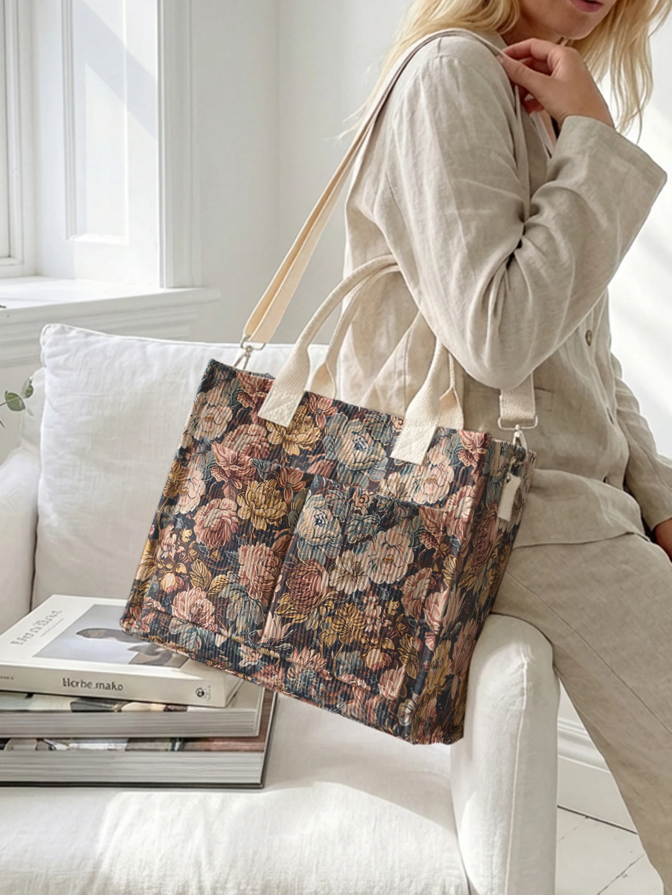 Vintage Floral Print Corduroy Tote Bag Large Capacity Multi Pocket Retro Flower Lover Commuter Shoulder Bag view 2