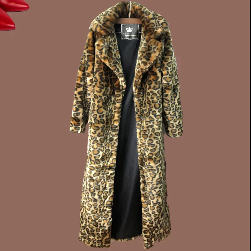 

Women Leopard Thick Faux Fur Coat Autumn Winter Fluffy Maxi Warm Outerwear Luxury Fur Jacket Elegant Mujer Bontjas Long Coats