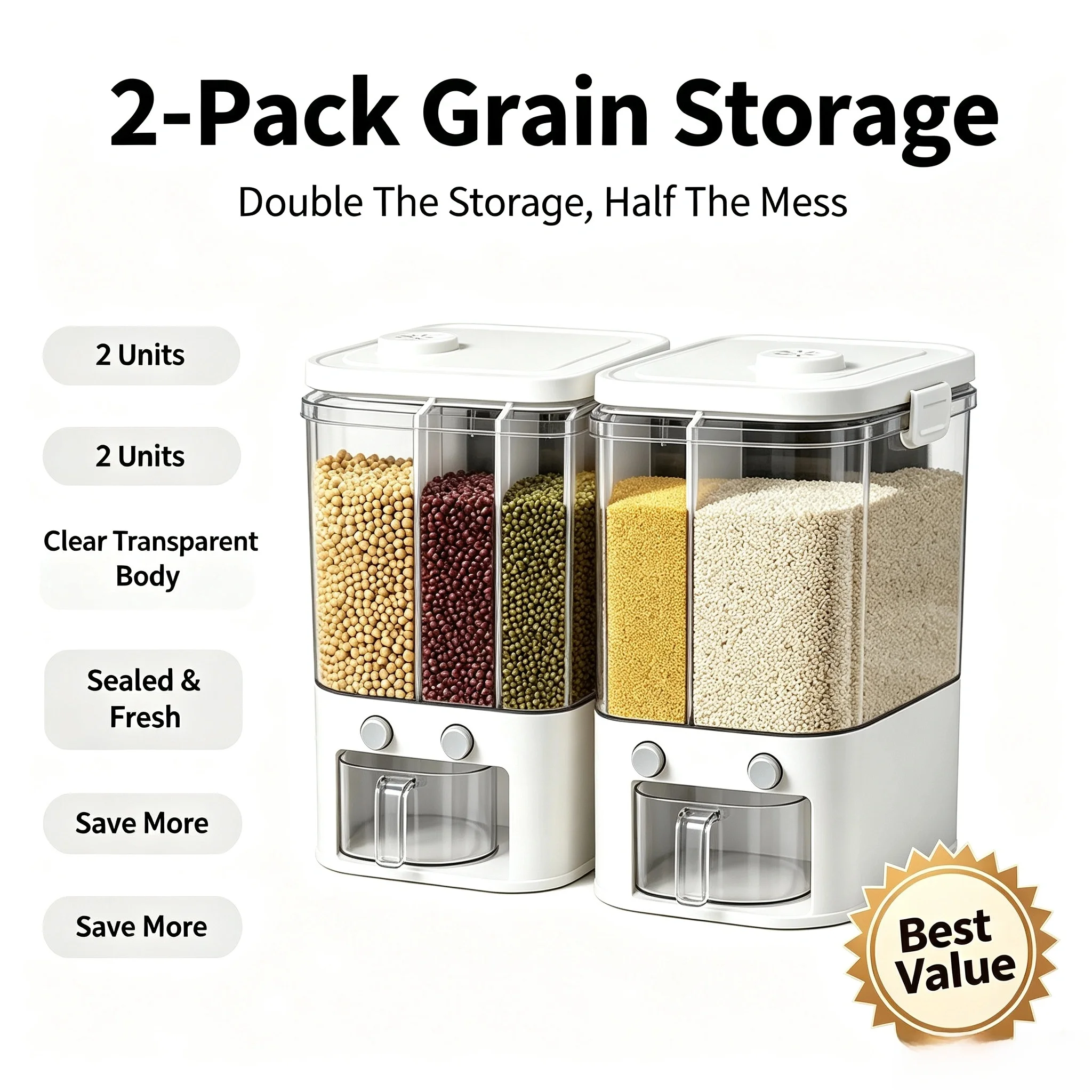6 Grid 10L Wall Mounted Rice Dispenser, Sealed Insect-Proof Grain Storage Container with Free Measuring Box for Beans Cereals