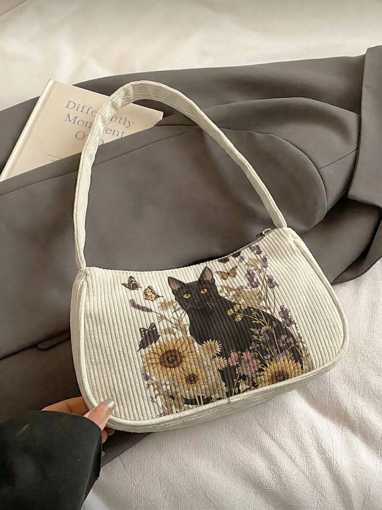 Trendy Cottagecore Black Cat & Sunflower Print Shoulder Bag, Cozy Beige Corduroy Underarm Bag - view 2