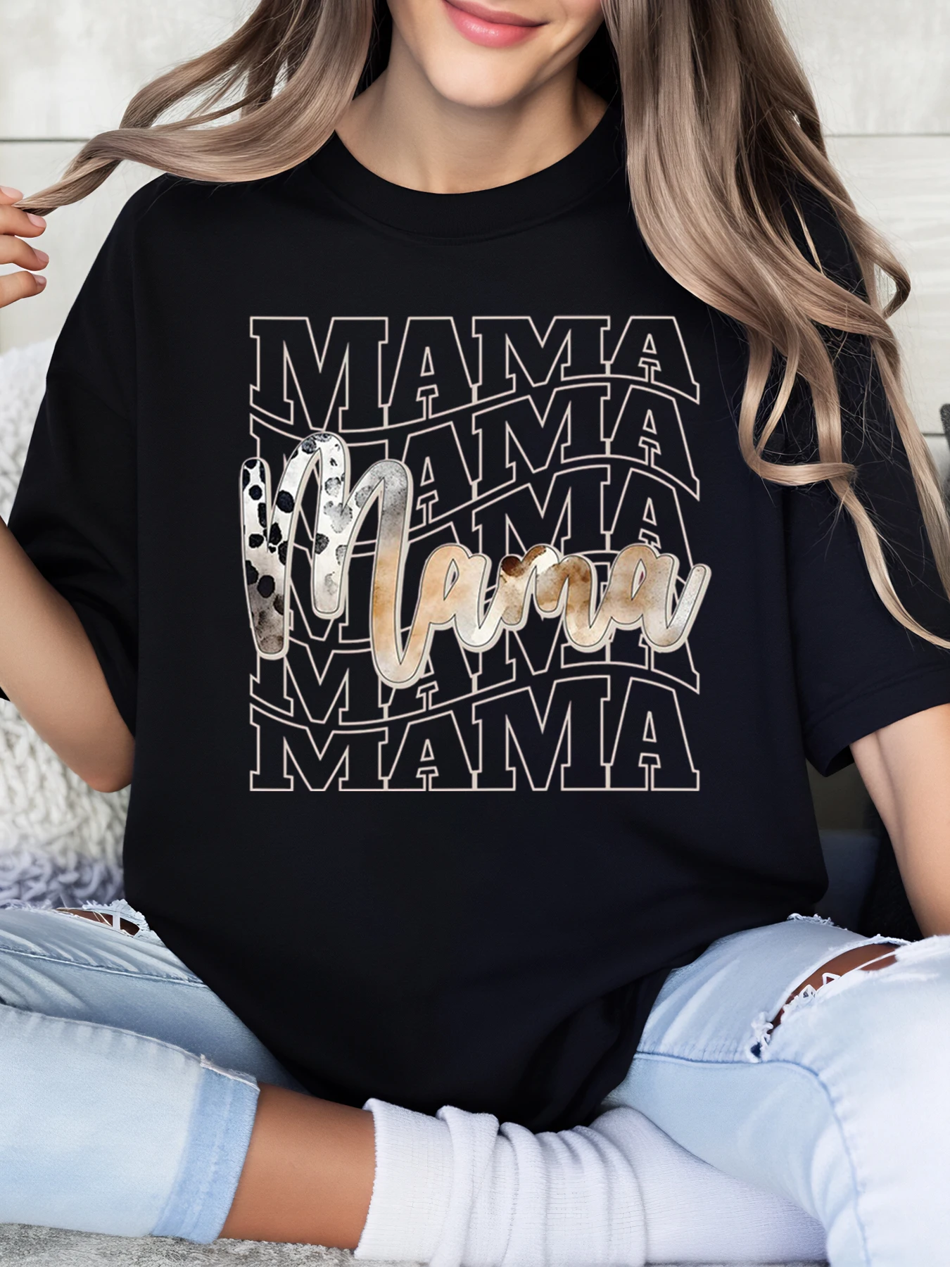Mama Word Art Print Mother's Day T-Shirt Women Casual Wear Home Outfit Black Plus-Size