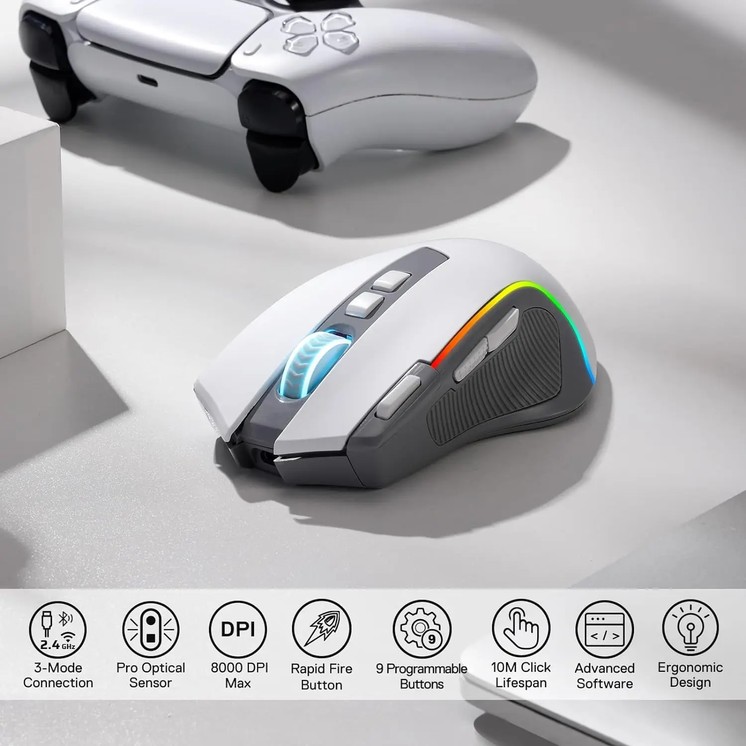 Imagem -03 - Pro Gaming Mouse Rgb bt 2.4g 8000 Dpi Óptico sem Fio Botões Programáveis Modos Retroiluminados b Redragon-m612