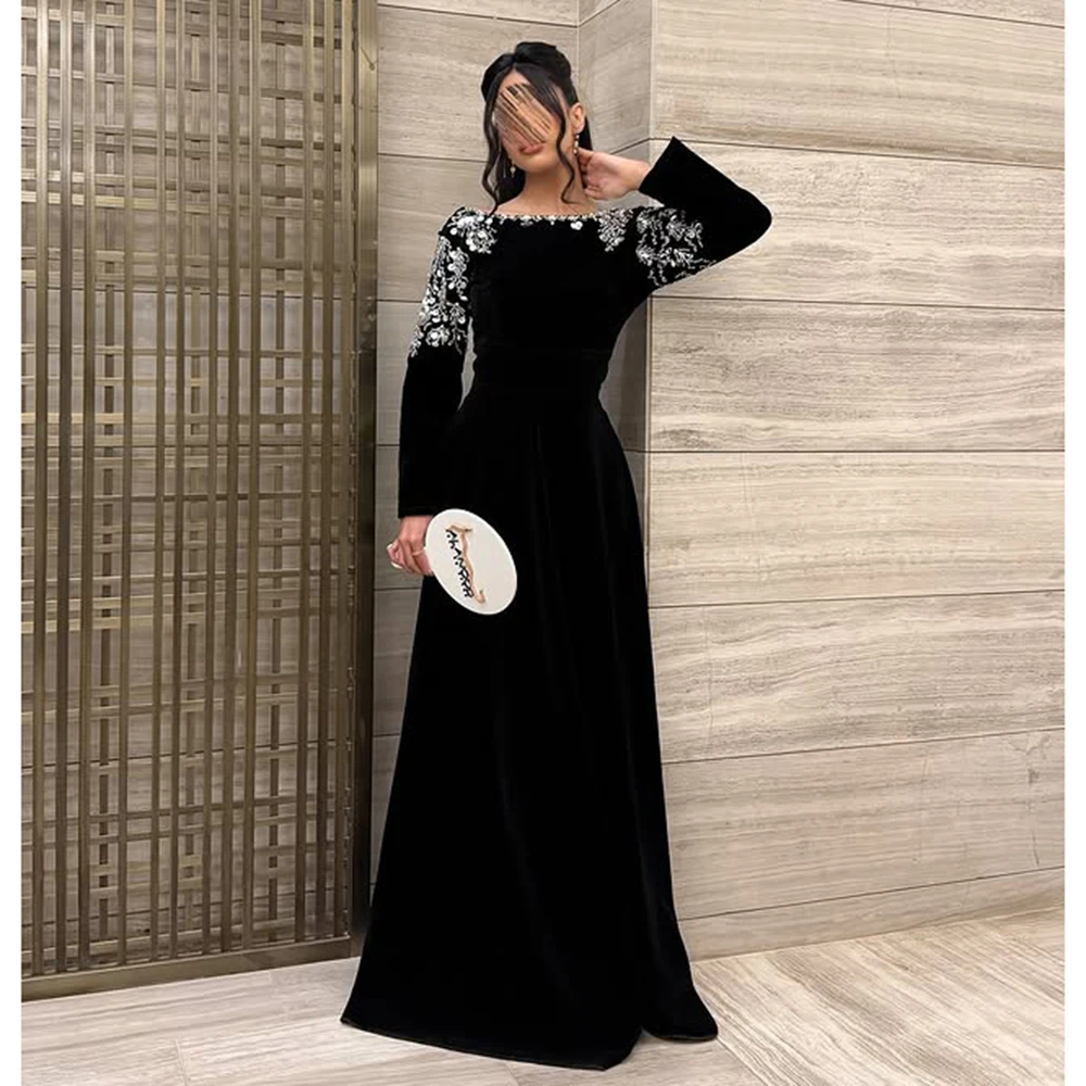 

Custom Made Black O-neck Long Sleeve Embroidery Beaded Saudi Evening Dress A-line Backless Floor Length Prom Party Dress