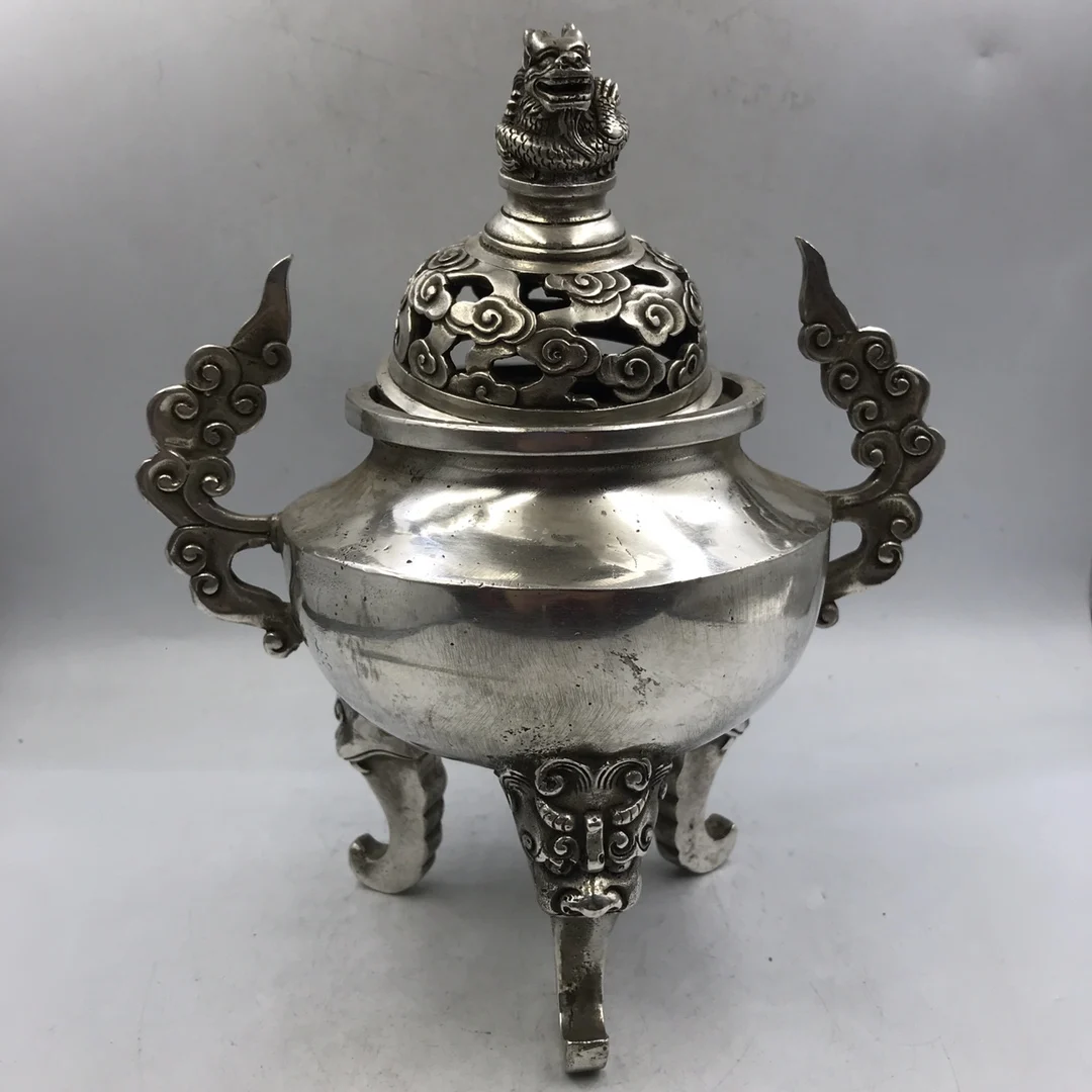 

MOEHOMES China classical home decoration miao Silver fengshui Dragon head cap metal crafts Incense burner