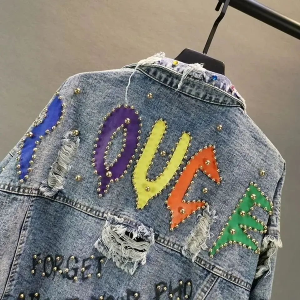 New Women\'s Denim Jacket Coat 2023 Spring Jean Jackets Women Coats Female Denim Jacket Graffiti Rivet Jacket Girl Outerwear Blue