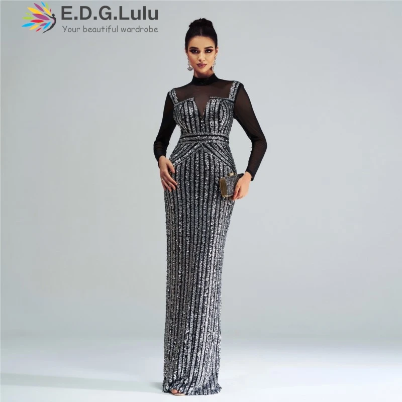 EDGLuLu Round Neck Black Long Sleeved Elegant Dresses Woman 2024 Luxury Striped Silver Sequin Long Dresses 2024 Autumn New 1214