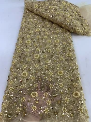 2024 Latest French Elegant Gold Tulle Lace Fabric High Quality African Net Lace Fabrics Luxury Sequins For Evening Dresses