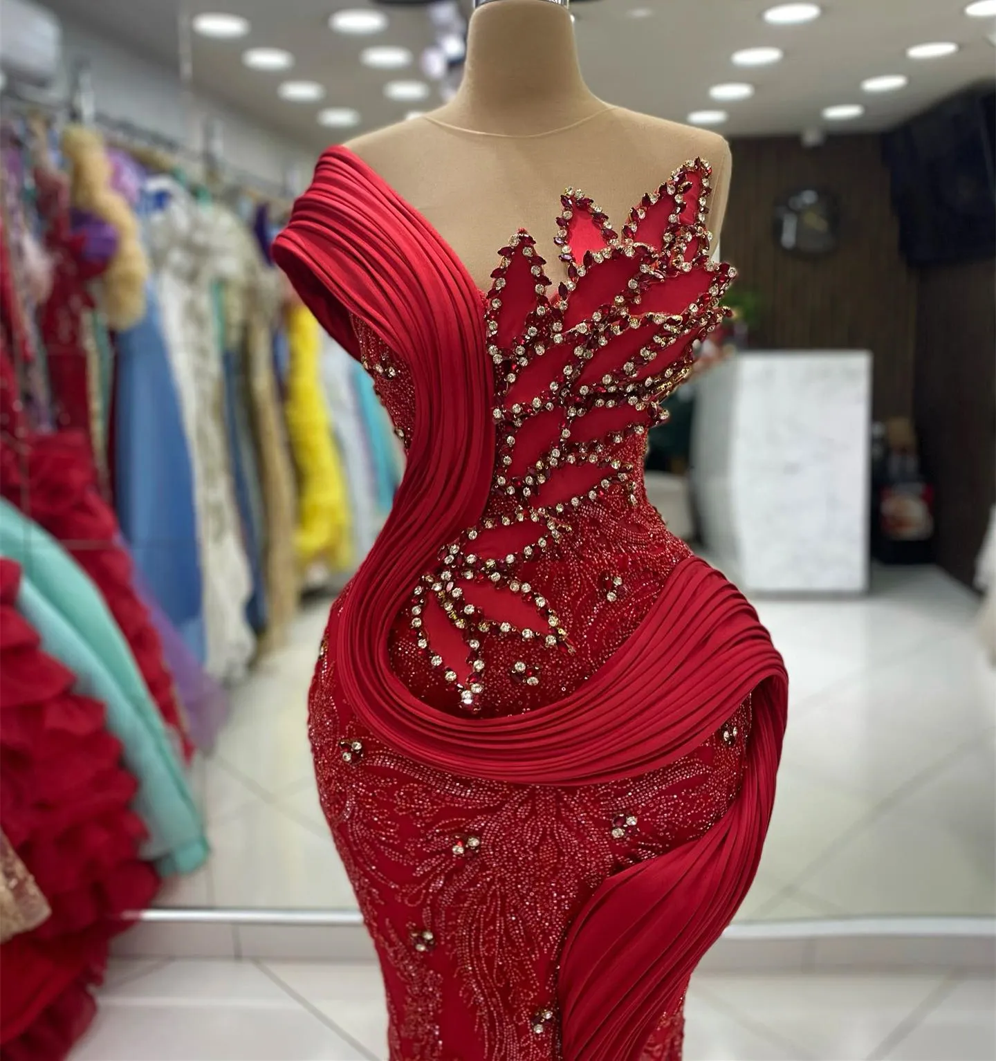 Aso Ebi vestido de graduación con cristales rojos para mujer, vestido de sirena con cuentas de lentejuelas, diseño de hoja 3D, vestido de noche árabe, vestidos de compromiso para fiesta de boda