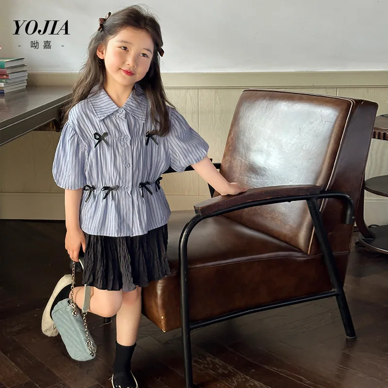 Girls Shirt Top Summer and Spring 2024 New Korean Style Girls Shirt Thin Short Sleeve Baby Girl Blue Striped Bow Doll Shirt