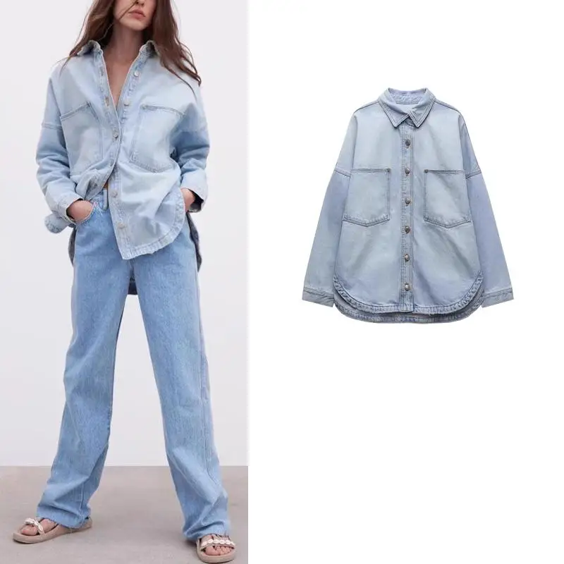 

Loose Long Sve Collar Denim irt Coat Women's Autumn Winter Faion Waed Sle Casual Commute Polyester Fiber