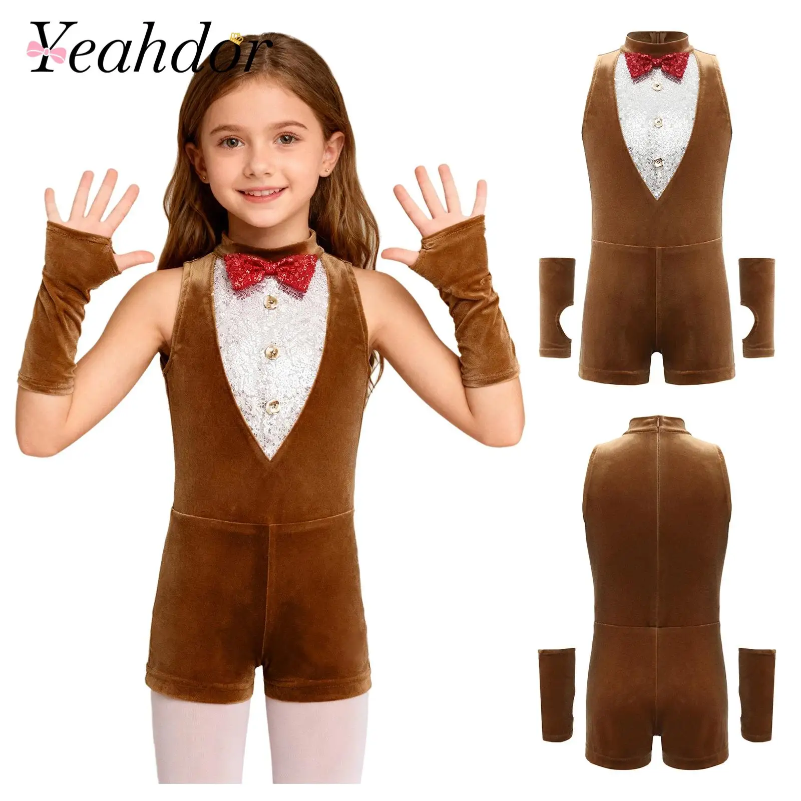 

Girls Christmas Tuxedos Jumpsuit Dance Reindeer Costume Xmas Bodysuit with Oversleeves Bow Tie Jumpsuit Animal Cosplay Costumes