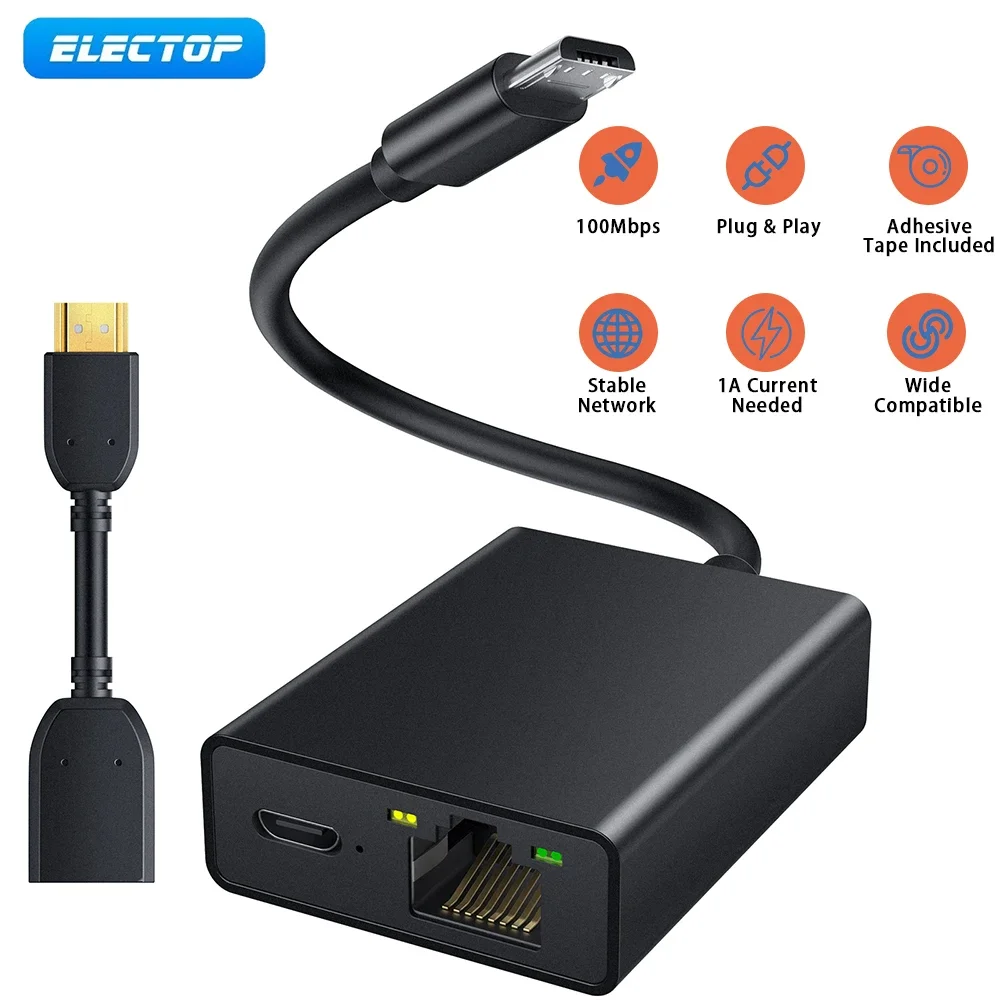 ELECTOP Ethernet-adapter voor Fire TV Stick, Micro USB naar RJ45 Ethernet-adapter compatibel met Fire TV Stick 2/3/4K/4K Max