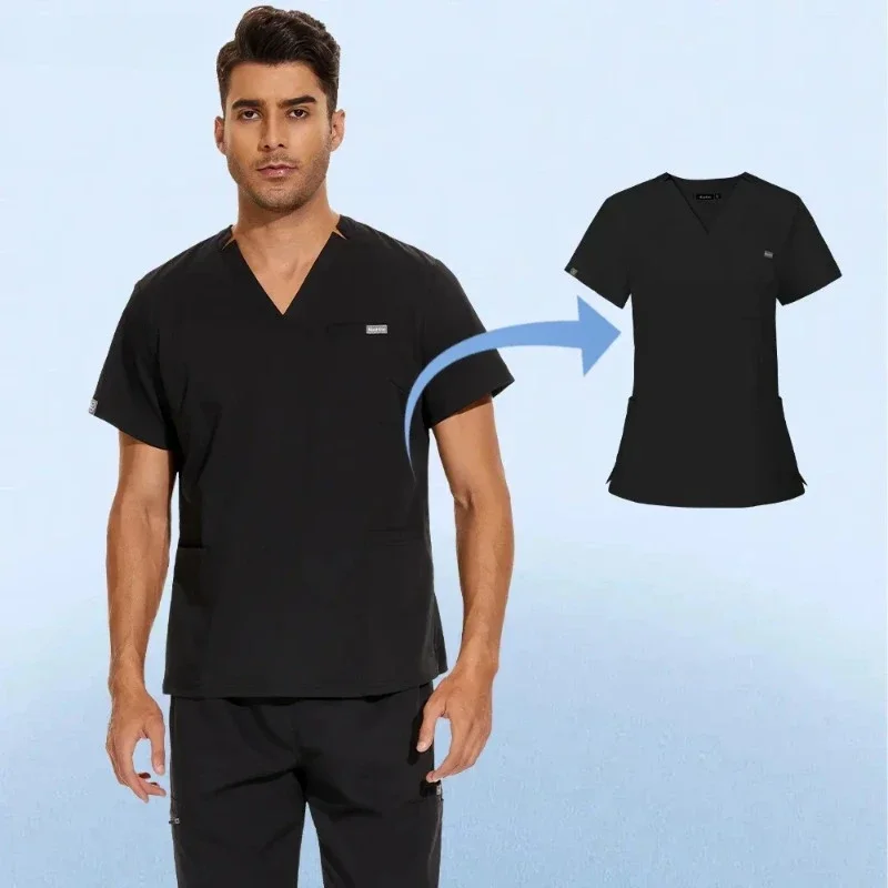 Hospital Nursing Uniform Surgery Scrubs Tops Women Short Sleeved Shirts Dental Clinic Workwear Nurse Blouse Doctor Clothes Black