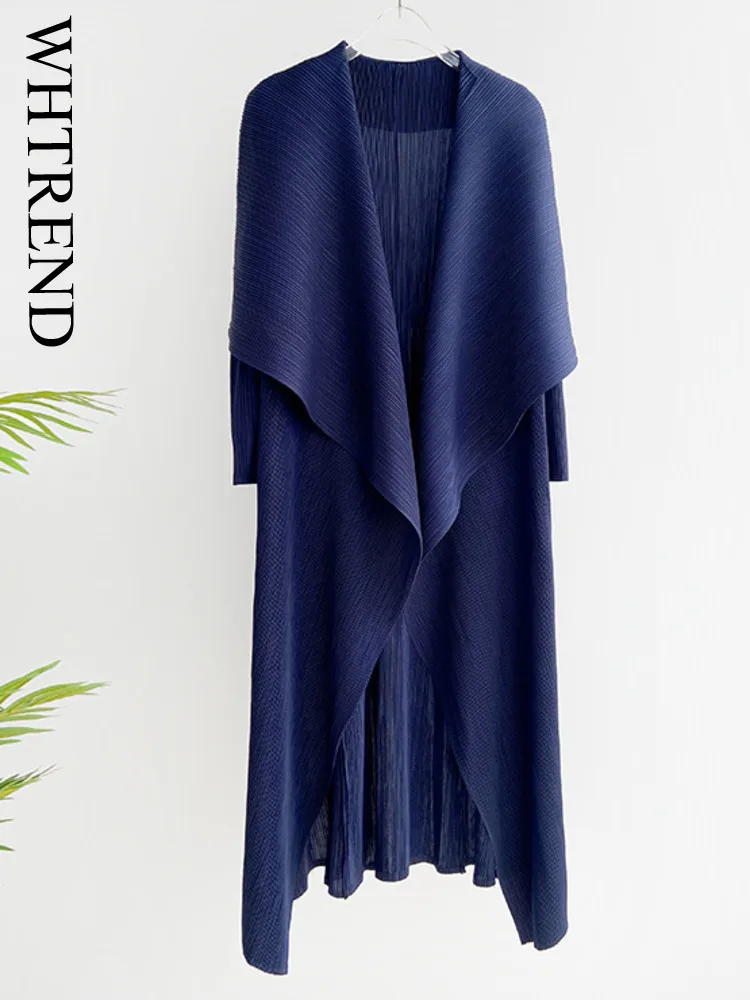 

WHTREND Pleated Jacket Coat For Women Big Lapel Long Sleeve Mid-Length Solid Color Trench Coats Elegant Spring And Autumn WH2062