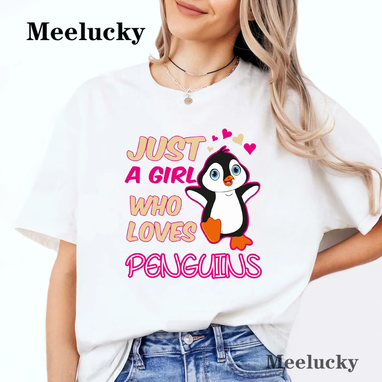 Just A Girl Who Loves Penguins Casual Trend Cute Style Women's Short Sleeve Printed T shirt Pattern T shirt Top Fashion Summer