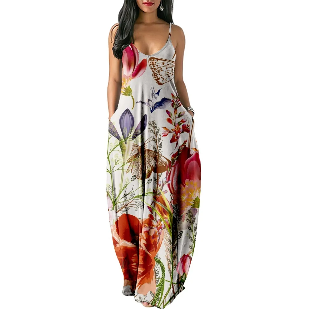 

Hip Hop Trendy Comfortable Summer Women Dresses flowers 3D Printed Sexy loose Slip Pocket Dress Party Dress Long Robe