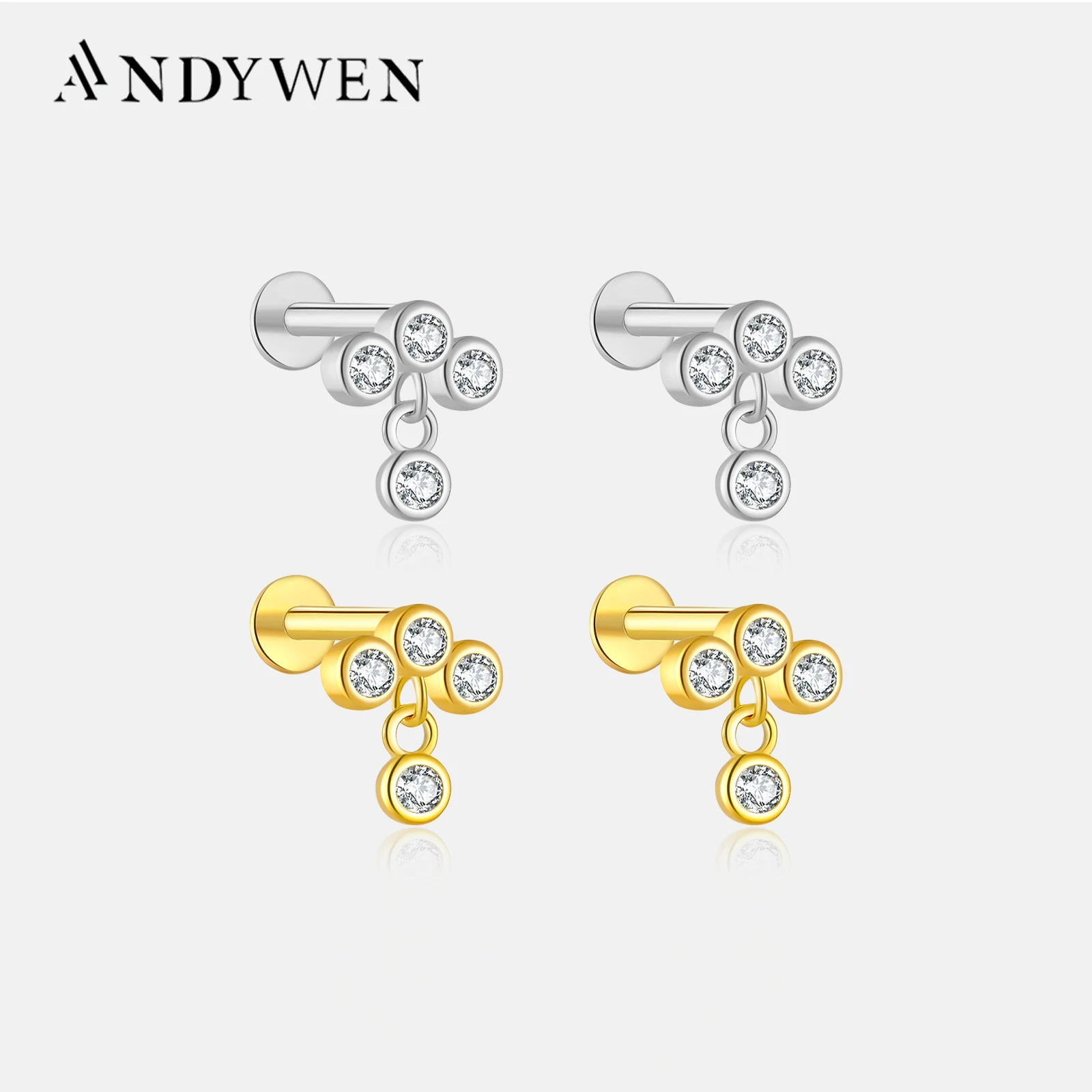 

ANDYWEN 925 Sterling Silver Three Zircon Drop Stud Earring Women Flat Piercing Clips 2025 Small Luxury Fine Jewelry