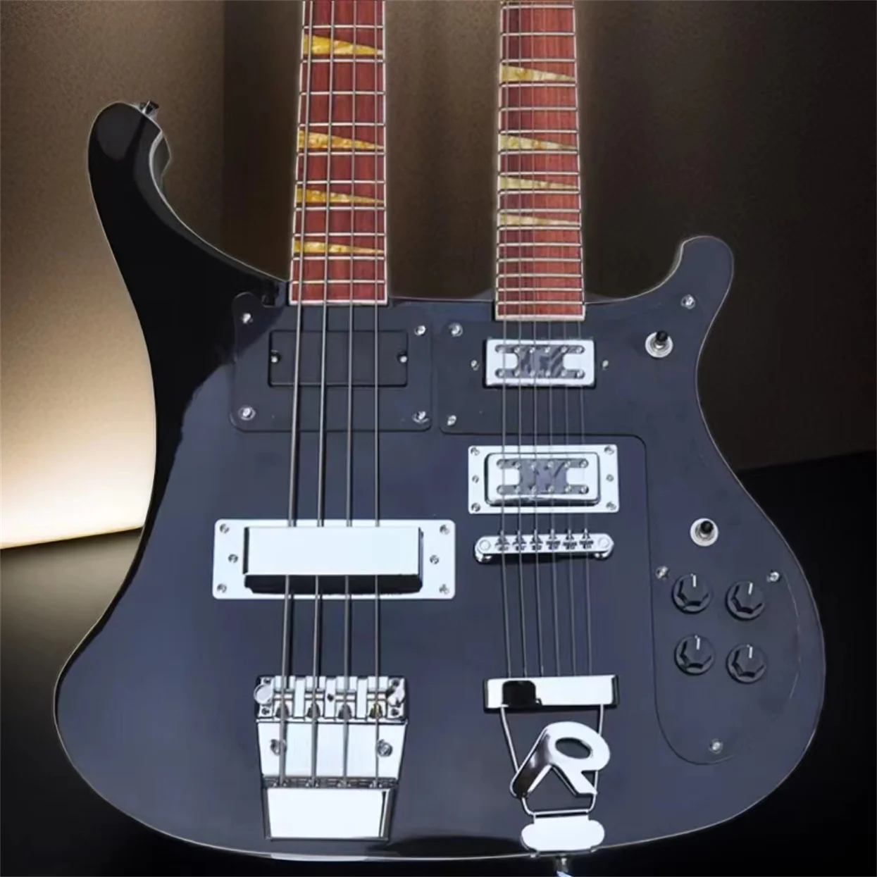 Black 4 and 6 strings double neck Ricken electric guitar with black pickguard Can be customized