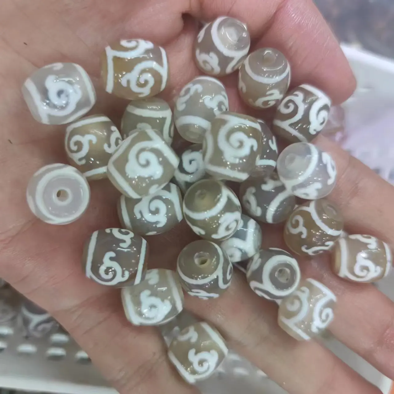 100pcs/lot Natural Agate Dzi Upscale White Small Oval Beads Weathering Lines Accessories Diy