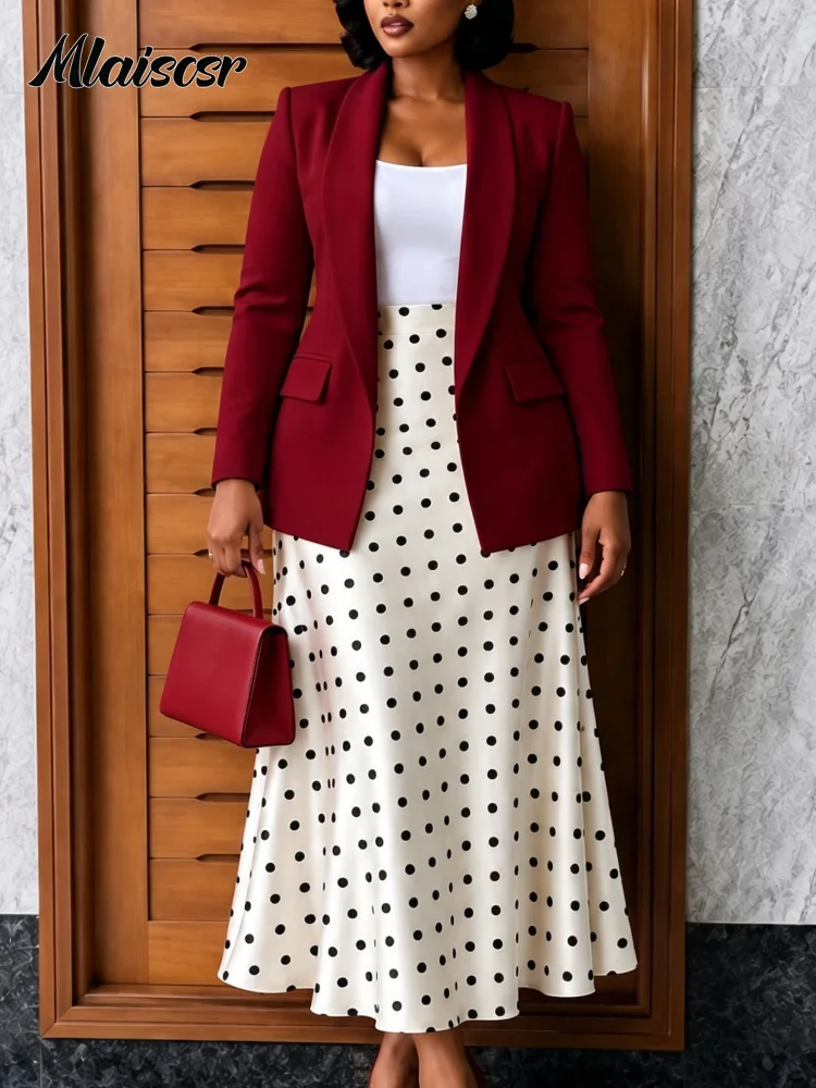 Women’s 2 Piece Dress Suit Set Tailored White Blazer and High Waist Polka Dot Long Skirt Formal Business Office Party Event Wear