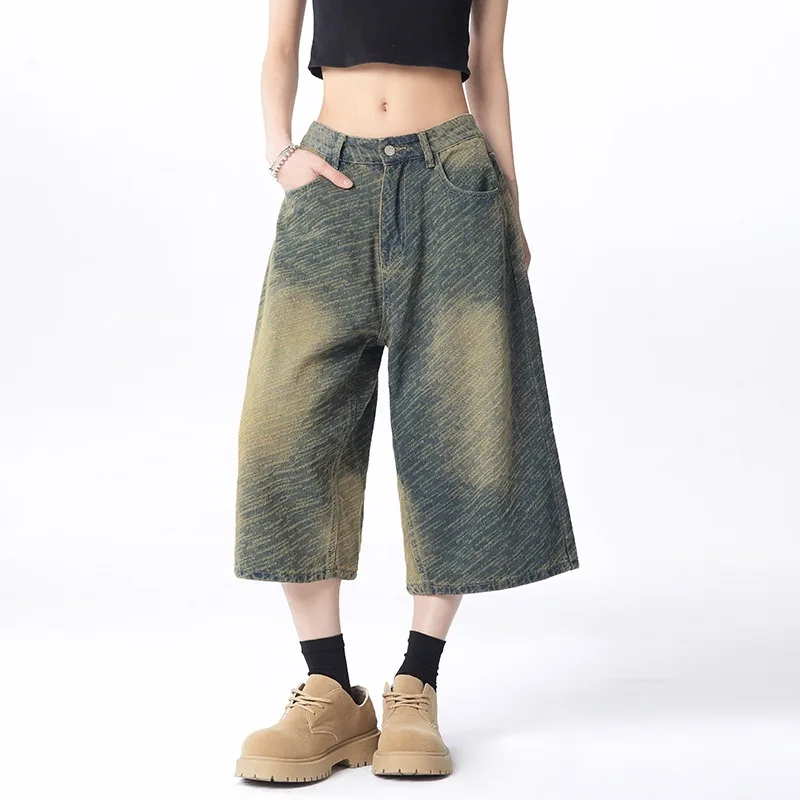 

Tall Women Vintage American Style Jacquard Wide Leg Capri Jeans High Waist Loose Cropped Denim Culotte Trousers