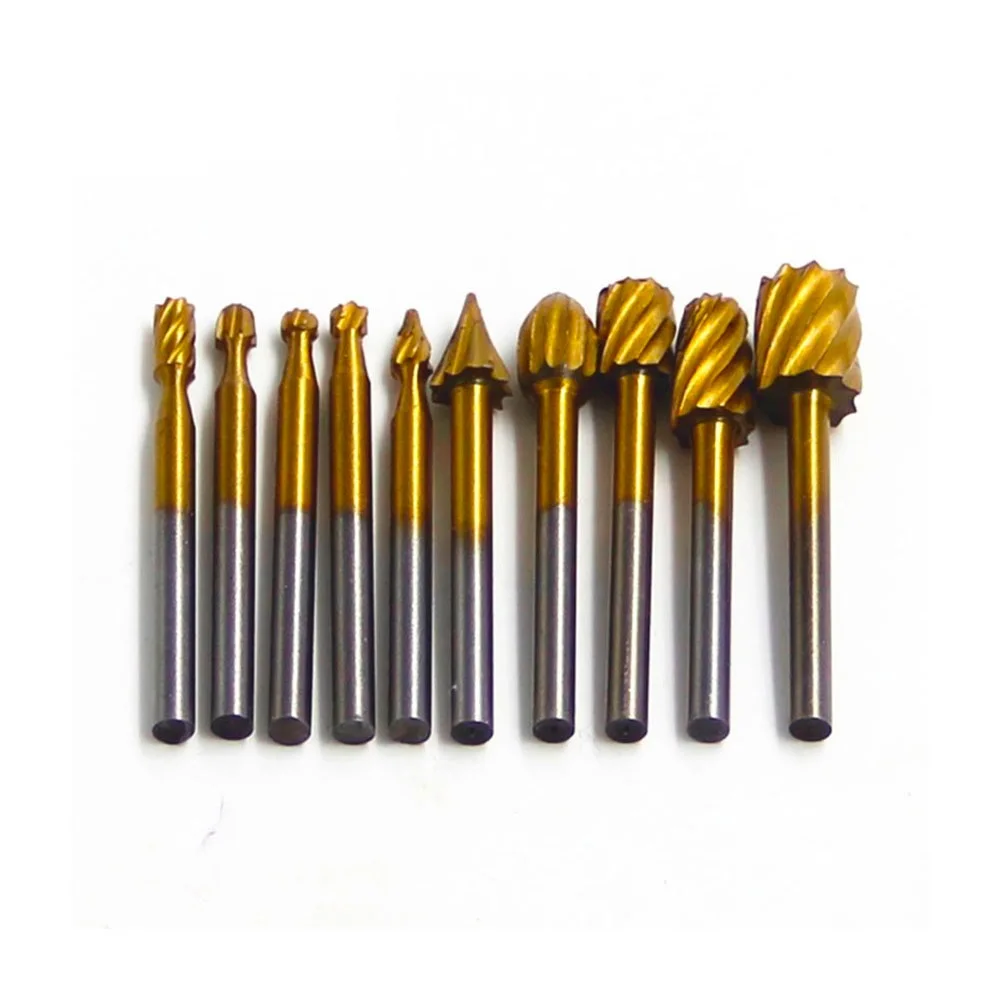 Imagem -02 - Conjunto Hss Titânio para Dremel Roteamento Rotativo Fresa Cortador de Arquivo Rotativo Escultura em Madeira Esculpida Faca Cortador Ferramentas Acessórios 10 Peças