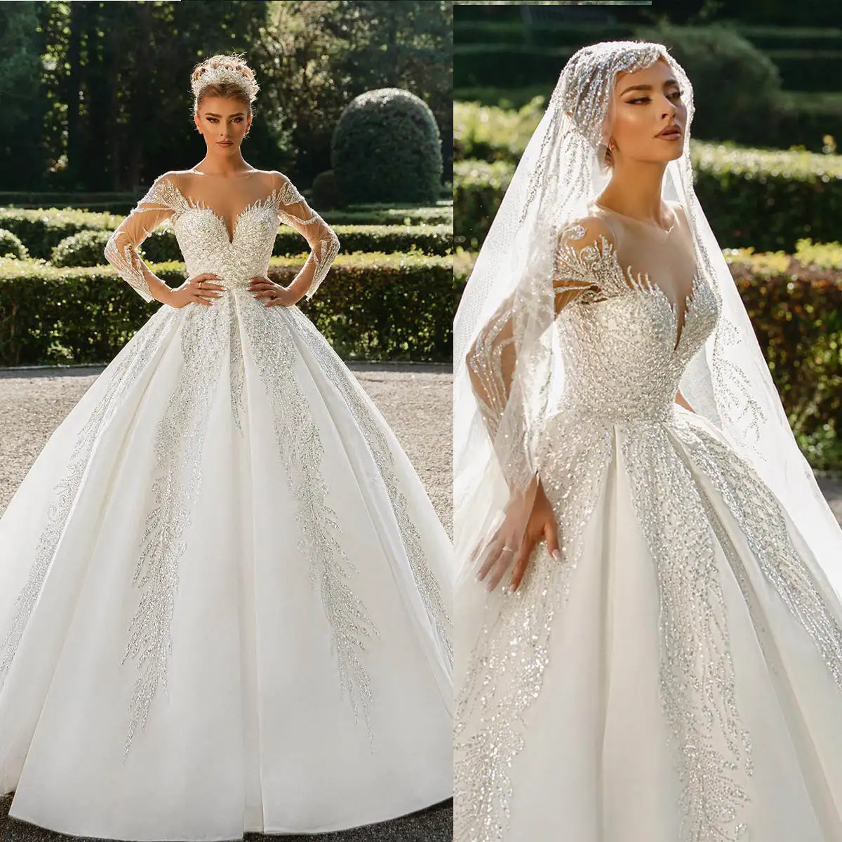 

Princess Ball Gowns Appliques Sequins Beaded O Neck Long Sleeve Wedding Dress Sweep Train Tulle Bridal Dresses Custom Made