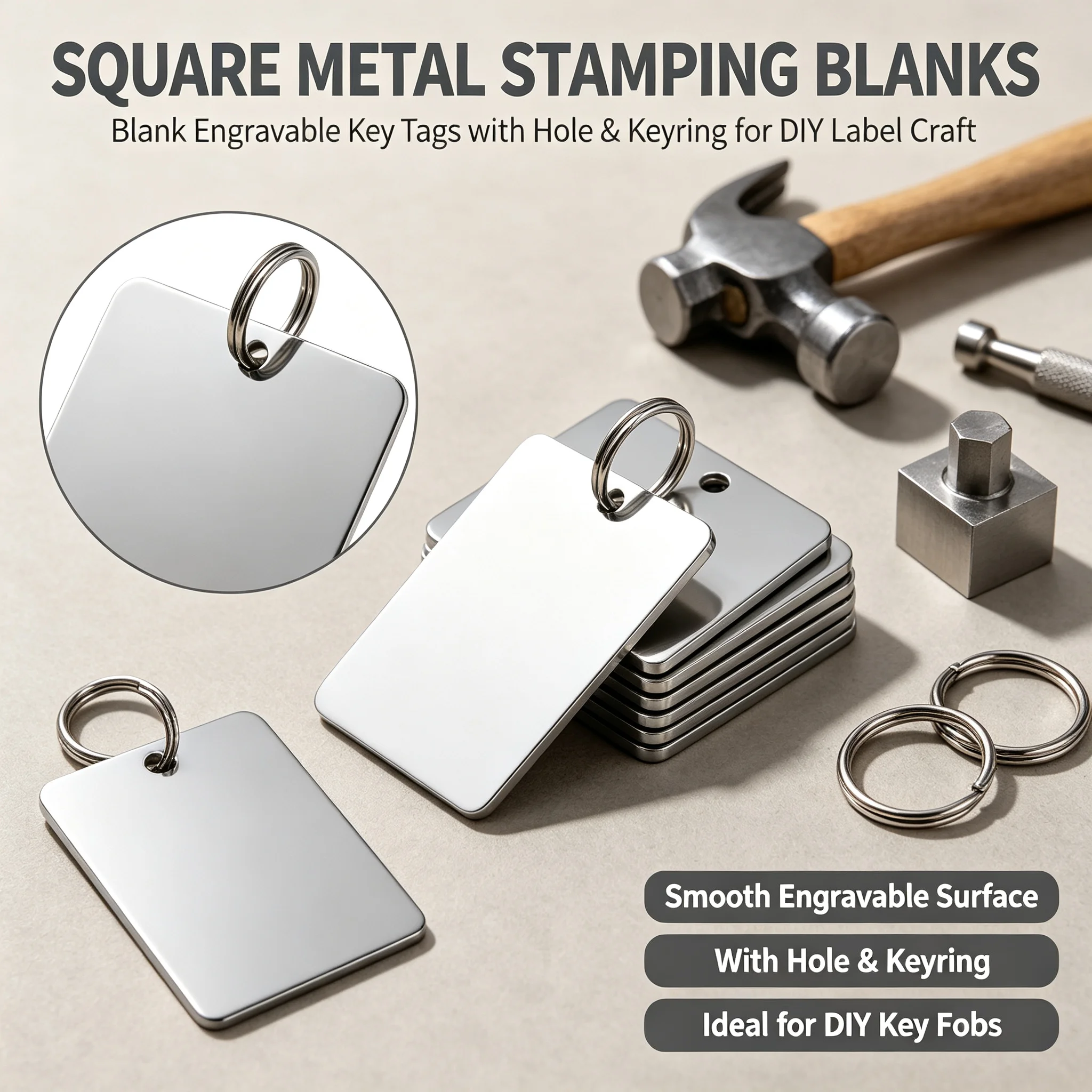 4Pcs Square Metal Stamping Blanks Tags with Hole Keyring Blank Engraving Keychain ID Plates Fob Label Marker for DIY Craft